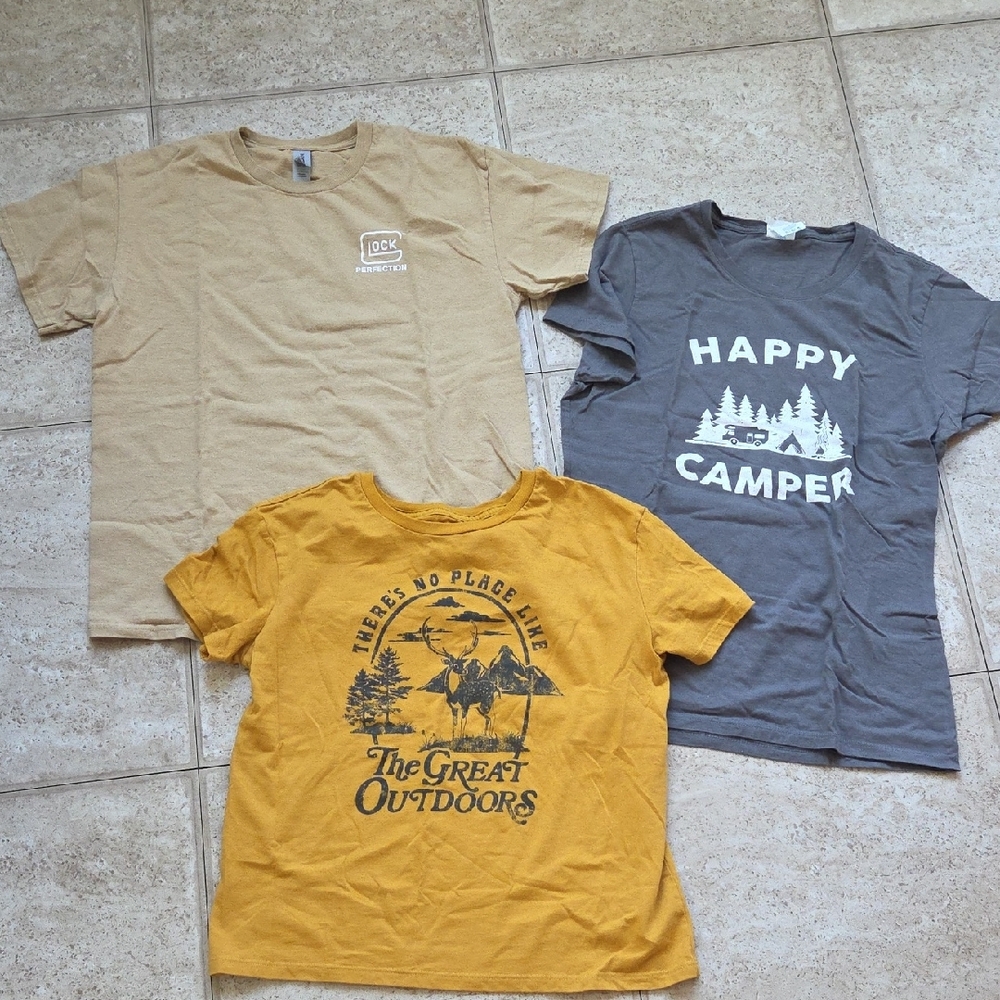 Womens Graphic T-Shirts - Tan, Gray, and Yellow